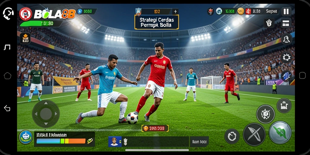 Tampilan BOLA88 yang mendebarkan dalam gameplay sepak bola strategis.