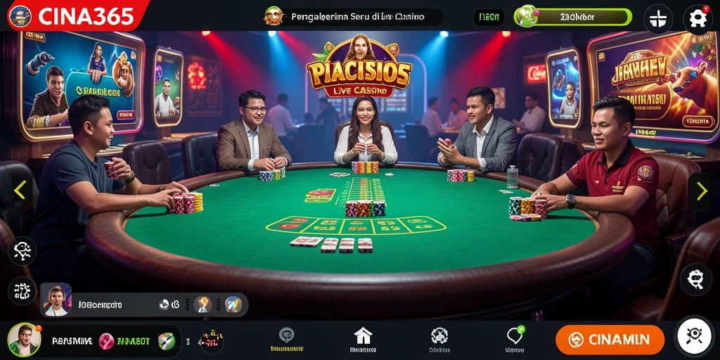Gameplay CINA365 dengan dealer langsung dan suasana kasino.