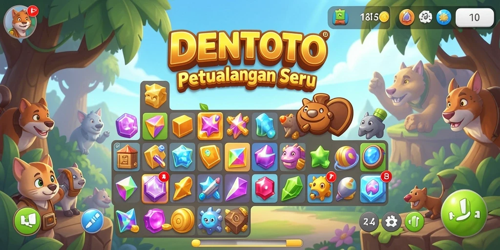 Tampilan seru gameplay Match-3 DENTOTO dengan warna-warni cerah.