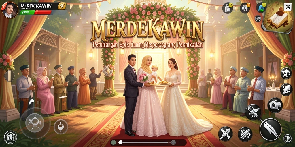 Tampilan gameplay MERDEKAWIN yang menawan saat merencanakan pernikahan.