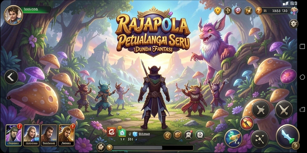 Screenshot gameplay RAJAPOLA menampilkan pertarungan epik di dunia fantasi.