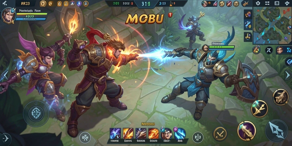 Screenshot gameplay RR33 dengan pertarungan intens di arena MOBA.